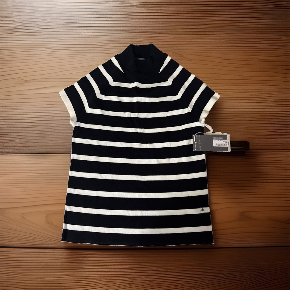 Worthington Women's XS Black White Striped Mock Neck Sweater Top NWT